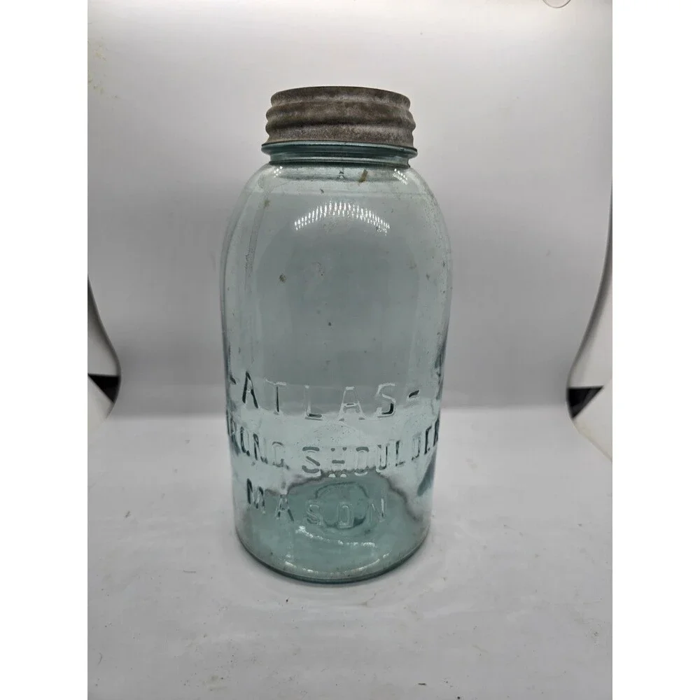 Atlas Strong Shoulder Mason Half Gallon Aqua Blue Jar w/Ball Zinc Lid Vintage